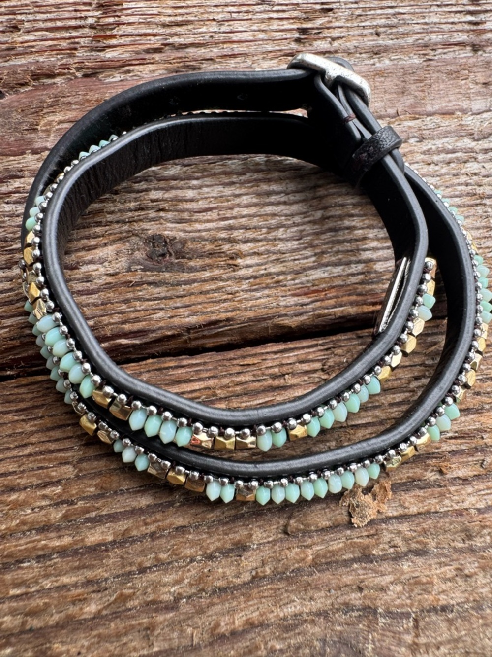 Beaded Black Leather Wrap Bracelet with Mint Beads